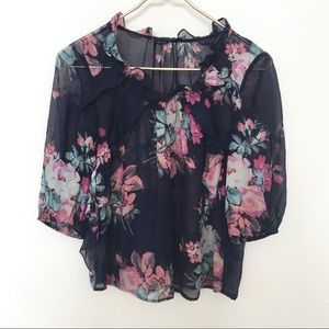 Anthro Sheer Silk Ruffled Floral Blouse XSP